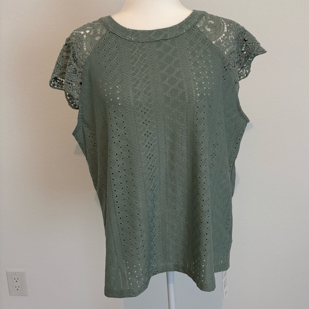 NWT Cupshe Cap Sleeve Lace Blue Green Women’s Blouse Top with tie back Size XL